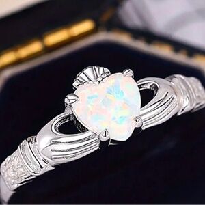 925 Sterling Silver Heart Claddagh Ring with Opal Stone